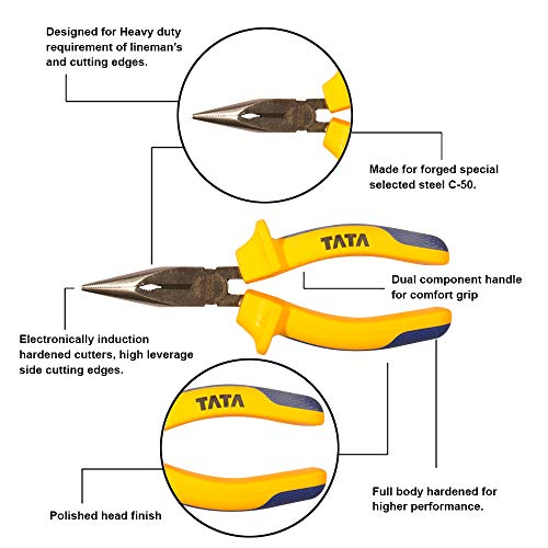 Image of Tata Agrico 6 Inch Long Nose Plier | Chrome Vanadium Steel | Induction Hardened Cutting Edges | Forged C50 Steel | Polished Head | Comfort Grip Handle | Durable Hand Tool | (Pack of 1, PLN001)