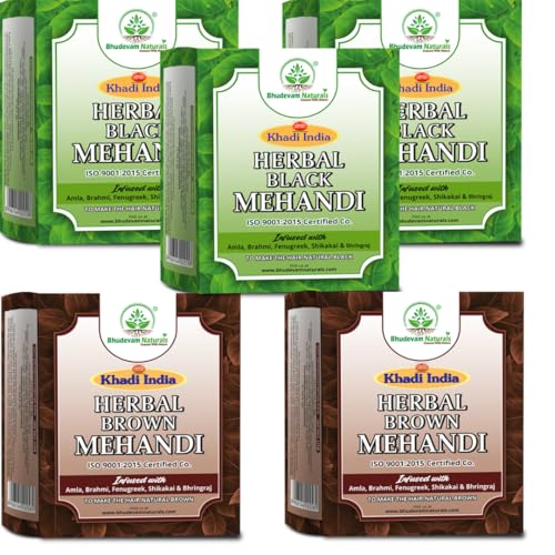 Image of Khadi Organic and Natural Black With Brown Mehandi Powder Combo Pack | Herbal Henna Hair Color for Hair | Chemical Free & Long Lasting Color | Henna Powder for Stunning Black Hair By Bhudevam Naturals - Pack of 5