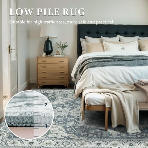 Deerly Vintage Area Rug 5x7 Boho Washable Large Living Room Bedroom Rugs Non Slip Low Pile 5x7 Rug for Kitchen Entryway Bedroom Dining Room Office, Canal Blue/Multi