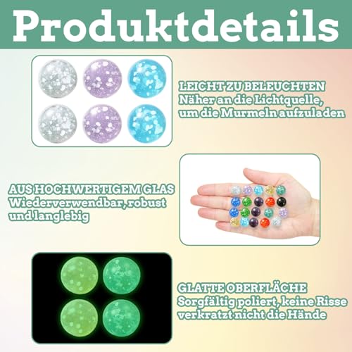 PDirat Murmeln Glas, 20 Stück Glasmurmeln Bunt Leuchten Im Dunkeln, 14mm Murmeln Groß für Kinder, DIY Heimdekoration, Indoor-Outdoor Murmelspiele