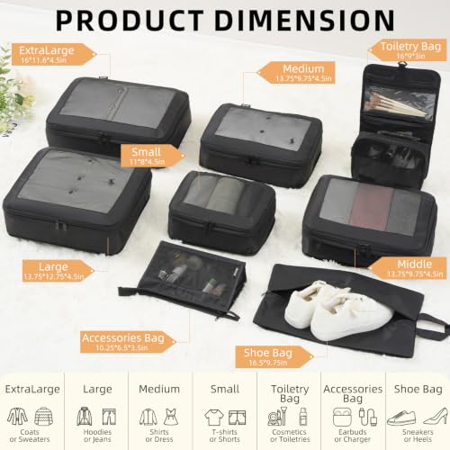 Image of BAGAIL 4 Set /6 Set /8 Set Compression Packing Cubes Travel Accessories Expandable Packing Organizers (Square Mesh, 08-Black)