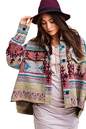 chouyatou Women's Tribal Aztec Pattern Button Down Trucker Shirt Jacket Shacket Coat