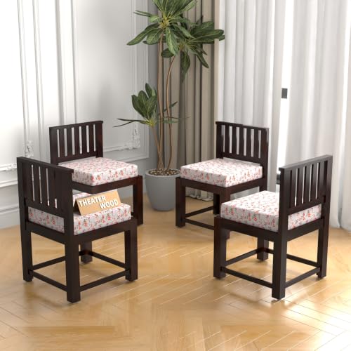 Image of Solid Sheesham Wood Dining Chair Set of 4 | Wooden Arm Chairs with Cushion | Living Room Chair | Dining Table Chair | Modern Wooden Furniture