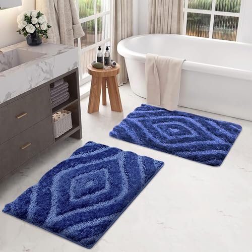 Image of Luxe Home Super Soft Microfiber Bath Mats Non-Slip TPR Backing Scotland Diamond Water Soak Bathroom Mat & Door Mats for Home Combo (38x58 cm) - Navy