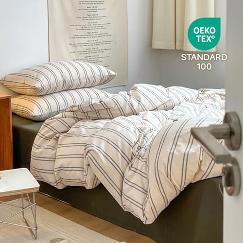 Image of Striped Duvet Cover Full Size Beige Grey Green Stripes Bedding Set 3pcs Vertical Ticking Stripes Pattern Soft Lightweight Microfiber Comforter Cover Set with Zipper Closure and 2 Pillowcases