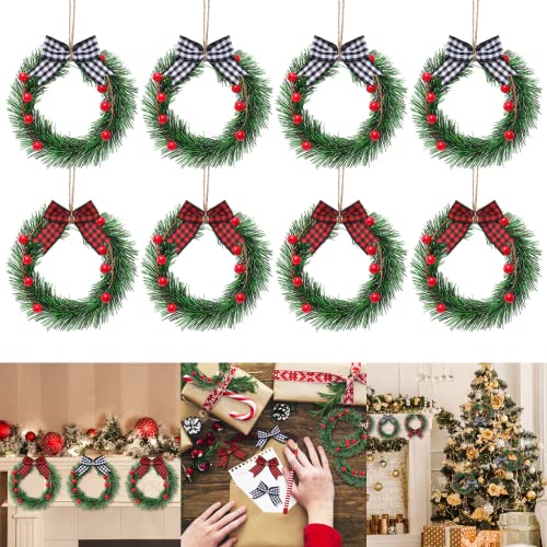 Whaline 8Pcs Mini Christmas Wreath With 8Pcs Mini Plaid Bows Christmas Pine Wreaths Black White Red Bow Christmas Hanging Ornaments For Christmas Tree Window Wall Door Holiday Festival Decoration #TOP16