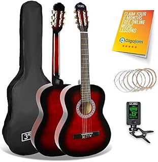 3rd Avenue 3/4 Size Kids Classical Guitar Spanish Nylon String Beginner Pack Bundle - 6 Months FREE Lessons, Bag, Strings, Digital Tuner  Sunburst