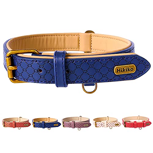 Hikiko Basic Classic Luxury Padded Leather Dog Collar - Rust Proof Brass Lock for Large Medium Pets(Large,Red )