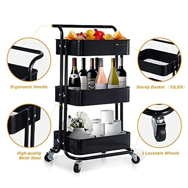 Simple Deluxe 3-Tier Metal Rolling Utility Cart, Heavy Duty Craft Cart with Wheels and Handle, Black-9ZA1Mrzv