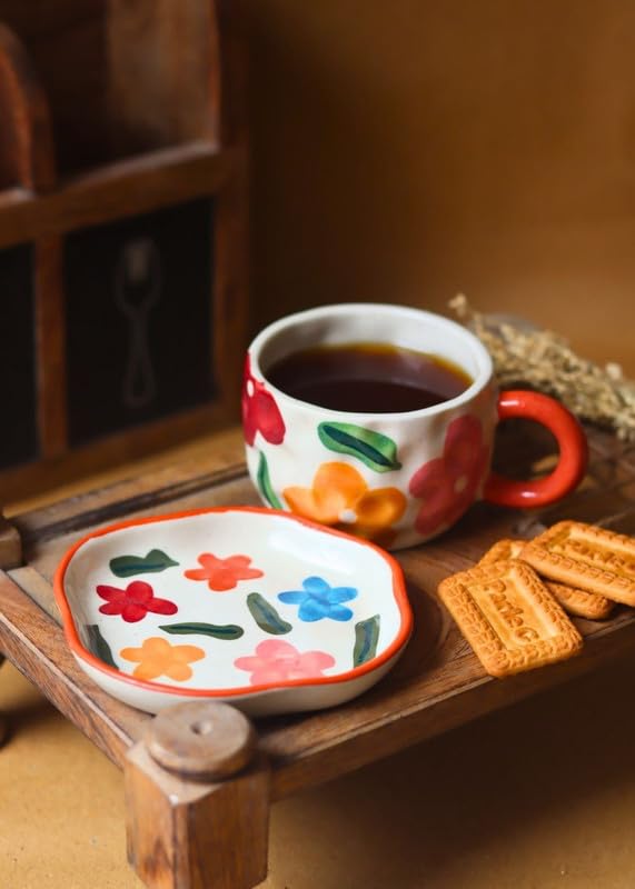 Image of WEAVING HOMES Handcrafted Ceramic Brightday Mug & Dessert Plate (Set of 2, Multicolor) - Coffee Mugs and Dessert Plates for Birthday Gifts, Mugs for Office and Travel