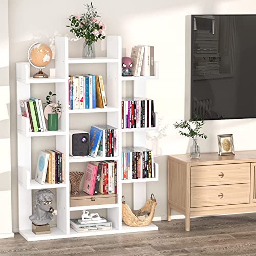 Aheaplus Bookshelf, Tree-Shaped Bookcase Storage Shelf With 13 Compartments, Books Organizer Display Cube Shelves, Industrial Free Floor Standing Wood Open Bookshelves For Home, White #TOP6
