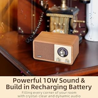Joiimu Vintage Wood FM Radio Bluetooth Speaker with Rechargeable Battery,Small Desk HD Radio for Home Office Kitchen Decor