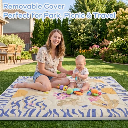 Image of 1.6 inch Thick Baby Play Mat, 71x59 Removable & Machine Washable Cover | Padded Memory Foam, Non-Slip Backing, 100% Baby-Safe Materials, Tummy Time Crawling, Outdoor, Bedroom, Living Room, Nursery