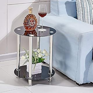 BonChoice 2-Tier Round End Table Black Glass Side Coffee Tables with Stainless Steel Legs, Storage Shelf for Living Room, Display Table for Small Space, 40×40×50cm (Black)