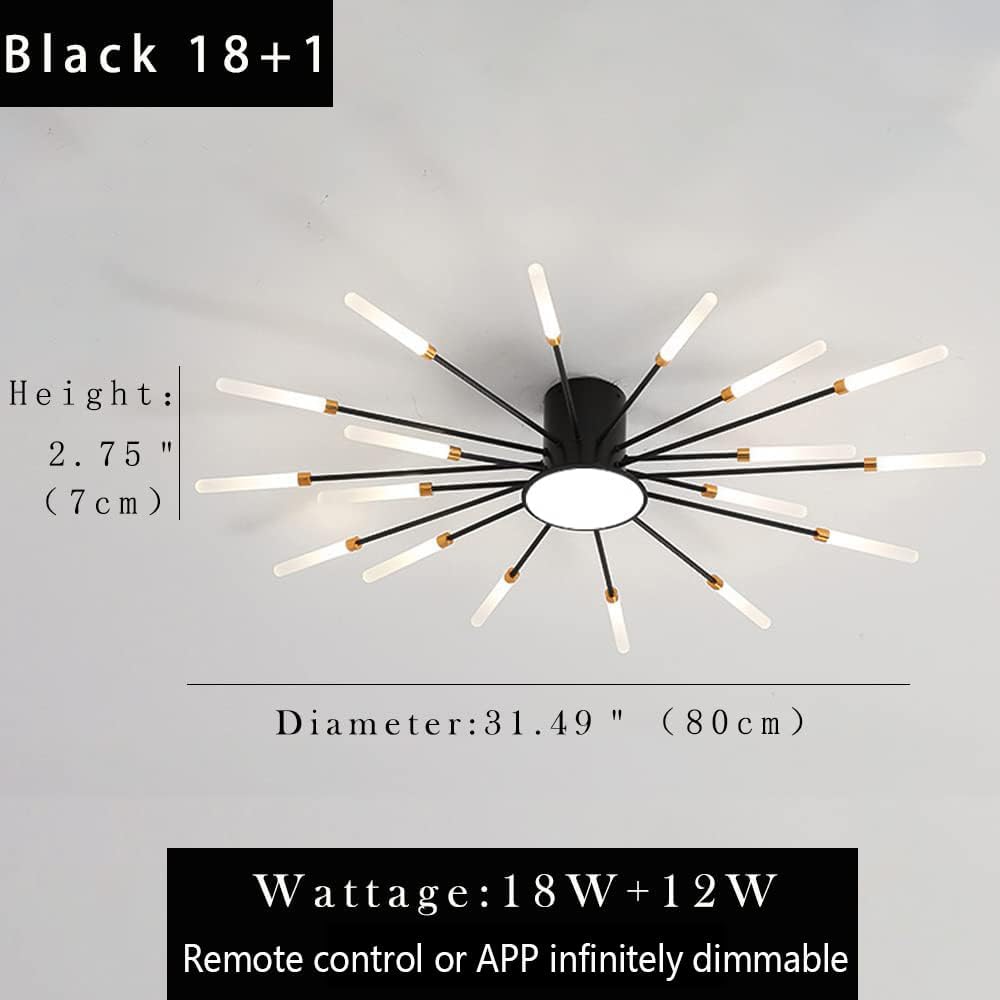 32 Inch Dimmable 3000-6000K LED Ceiling Light Fixture,18 Lights Ceiling Lights Flush Mount Chandelier Black Indoor Lighting for Living Room,18W+12W Ceiling Lamp Firework Deco Close to Ceiling Light
