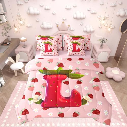 Image of Feelyou Girls Pink Red Strawberry Comforter Set Queen Size 7 Pieces Initial Letter L Bedding Set Kids Boys Girls Princess Strawberry Bed in a Bag with Comforter, Sheets, Pillowcases, Cushion Covers