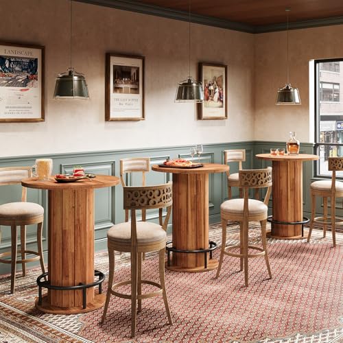 Image of Tribesigns Round Dining Table Set of 4, Bar Height Commercial Kitchen Table with Wood Strip Base and Footrest, for Dining Room, Restaurant, Cafe, Bakery, School, Apartment, Walnut Brown (Only Table)