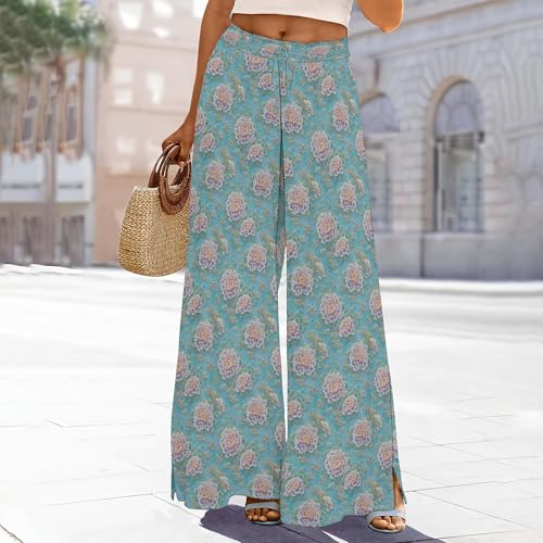 Boho Wide Leg Pants for Women 2025 Summer Smocked Waist Floral Palazzo Pants Flowy Lounge Pants Beach Trousers Pockets2