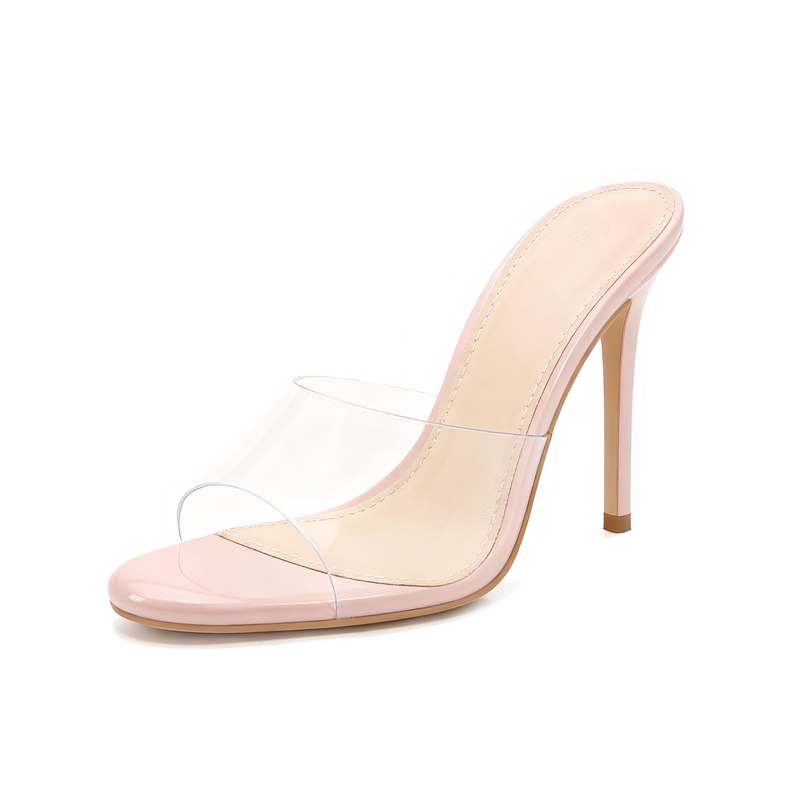 Women's Clear Open Toe High Heels Slide Sandals Slip on Transparent Strap Stiletto Heel Dressy Mules Comfort Party Wedding Prom Backless Dress Shoes
