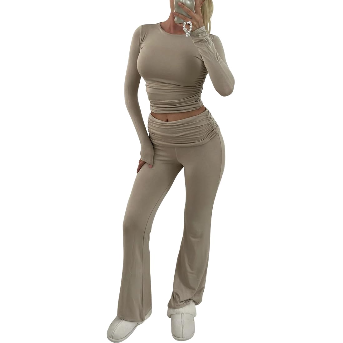 Womens Long Sleeve Ruched Crop Top And Fold Over Trouser 2 Pcs Co ord Set Womens Loungewear Pullover Cropped Top With Flare Trouser Matching Tracksuit