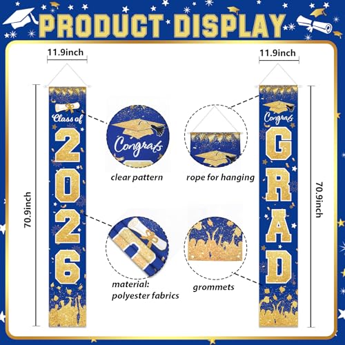 Image of 2026 Graduation Party Decorations - Blue Gold Class of 2026 Congrats Grad Porch Sign Banner Hanging Flag Graduation Party Supplies for School College Classroom Decor