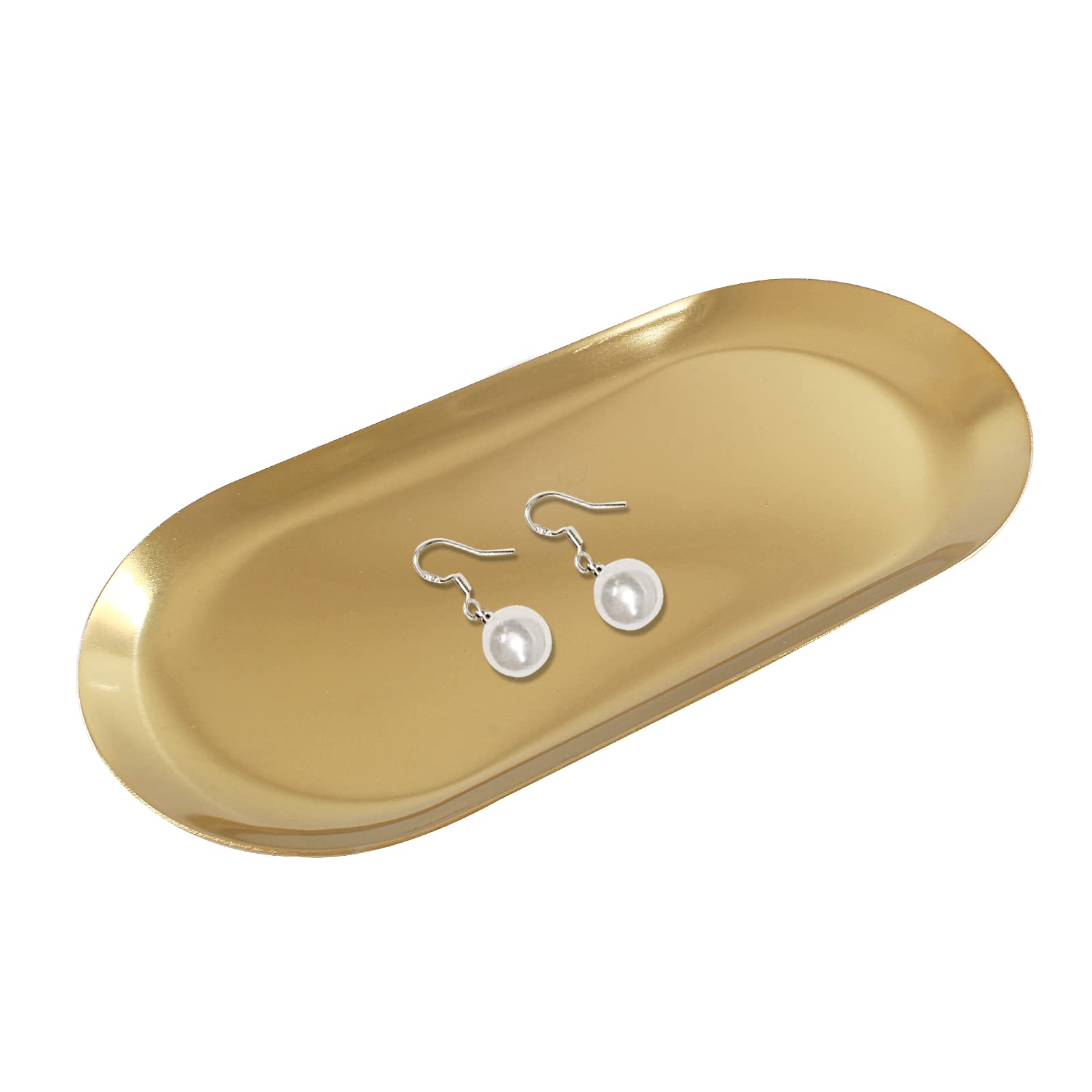 Hitefu 2 Pack Stainless Steel Decorative Tray, 7 Inch Long, Trinket Storage Tray Jewelry Dish Cosmetics Organizer for Bathroom Candle Perfume Serving Platter, Oval, Gold