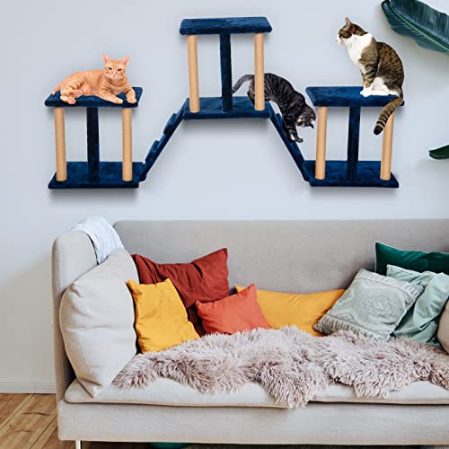 Image of Callas Wall Hangign Cat Activity Tree with 6 Sisal Scratching Posts, 2 Stairs, 3 Posts with Soft Cloth | Cat Tower Furniture Kitty Activity Centre Kitten Play House (Code-908 | Color - Blue)