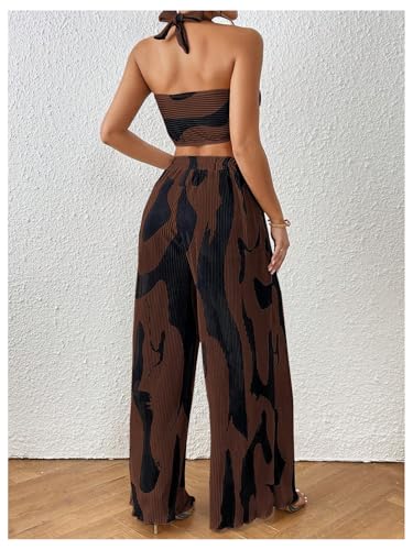 OYOANGLE Women's 2 Piece Outfits Graphic Print Knitted Crop Halter Top and Wide Leg Pants Set2