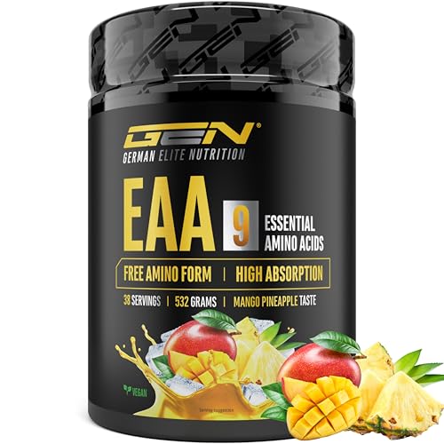 Polvere EAA 532 g (38 porzioni) - Tutti i 9 aminoacidi essenziali incl. istidina e BCAA - Formula Human Code - Vegano - Molto solubile - Bevanda di amminoacidi rinfrescante (Mango Pineapple)