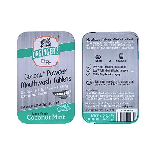 Dr. Ginger's Mouthwash Tablets, All-Natural Travel Mouthwash Tabs for Fresh Breath, Plaque Removal & Gum Protection, Coconut Mint Flavor, Eco-Friendly, Alcohol and Fluoride-Free 0.75oz Tin, 60 Tablets