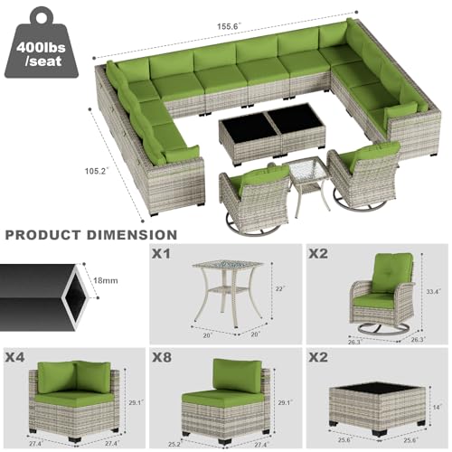 Image of 17-Piece Patio Furniture Set, Outdoor Patio Furniture with Swivel Chairs Set, Thick Cushions, Modular Patio Sofa, Dual-Strand Rattan, Rust-Resistant Frame, Grass Green