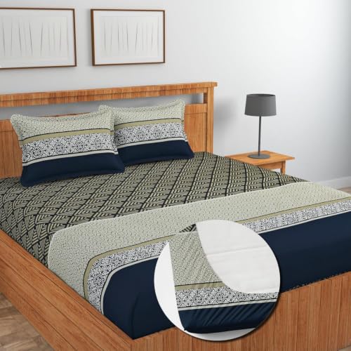 Image of Premium Cotton Fitted Bedsheet King Size 78 x 72 x 8 Inches with 2 Pillow Covers | 220 TC | All-Around Elastic Deep Pocket Bed Cover | Navy Beige Geometric