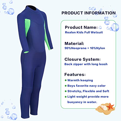 Realon Wetsuit Kids 2Mm Boys Girls Toddler/Children/Junior/Youth Full/Short Wet Suit Swimming Surfing Snorkeling 1.5Mm Long Sleeves Swimwear (2Mm Navy Full, M) #TOP4