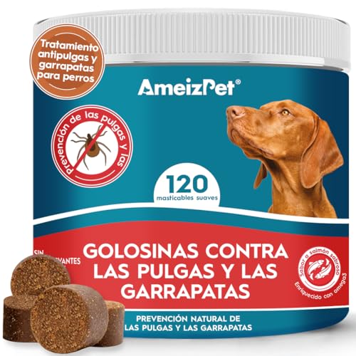 AmeizPet Pastillas Pulgas Y Garrapatas Perros, Antipulci per Cani, Pastillas para Perro Pulgas Y Garrapatas para Cachorros Y Perros Adultos, Enzimas Digestivas, 120 Chuches Caninas, 270g (9.5 Oz)