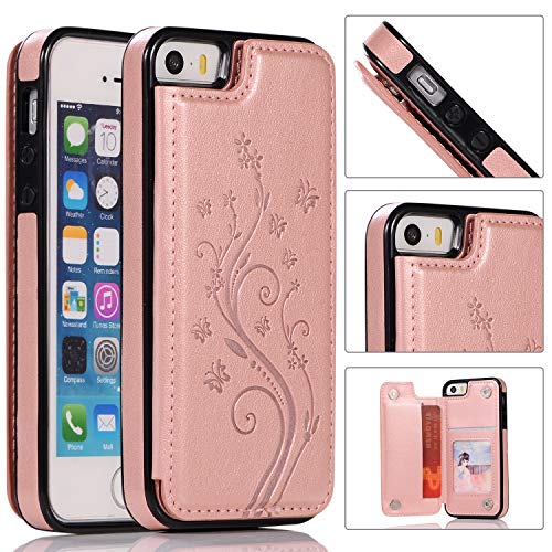 QFUN Back Wallet Case for iphone 5/5S/SE with Stand, Elegant Embossed Design [Butterfly Flower] Lightweight Slim Fit Leather Phone Case with Card Holder Protective Bumper Flip Cover - Rose Gold