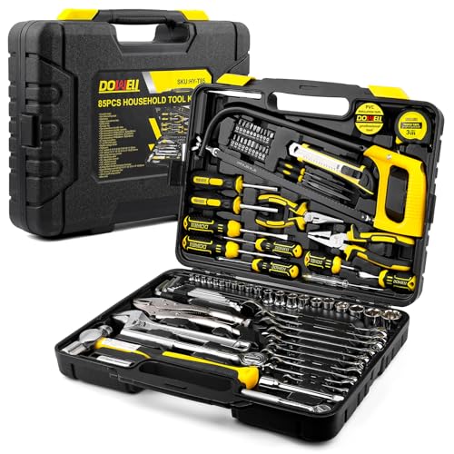 DOWELL Juego de herramientas de 85 piezas, kit de herramientas para mecánicos de automóviles, completo para reparaciones de autos, motocicletas, motores y garajes con enchufes, llaves de trinquete
