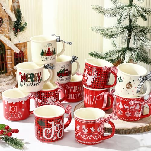 Baderke 12 Pcs Ceramic Christmas Plaid Mug with Ribbon 11 oz Hot Cocoa Christmas Coffee Mugs Santa Winter Holiday for Centerpieces Decorations Housewarming Gift