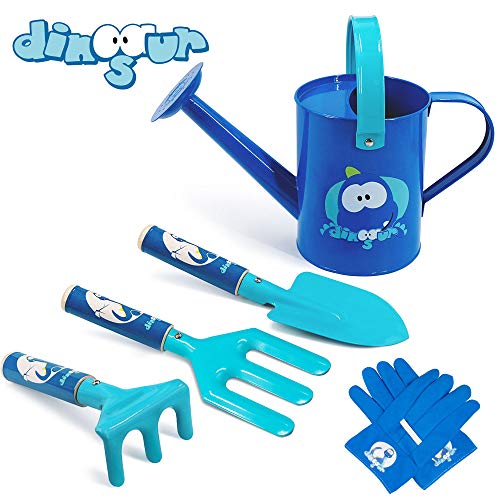 Colwelt Kids Gardening Set, 5PCS Cute Metal Gardening Tools for Kids, Include Metal Watering Can, Wooden Handle Trowel, Fork, Rake, Gloves, Children Kids Garden Tools(Blue)