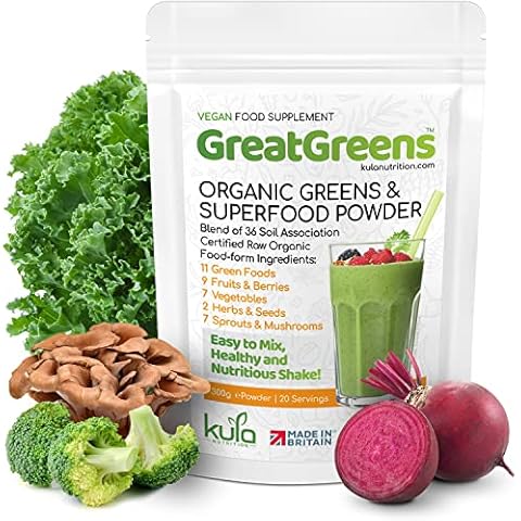 GreatGreens - Organic Greens Superfood Powder - 300g - 36 Raw Soil Association Certified Organic Food Form Ingredients - Nutritious Organic Greens Supplement - High Fibre Daily Greens Smoothie Drink Cover