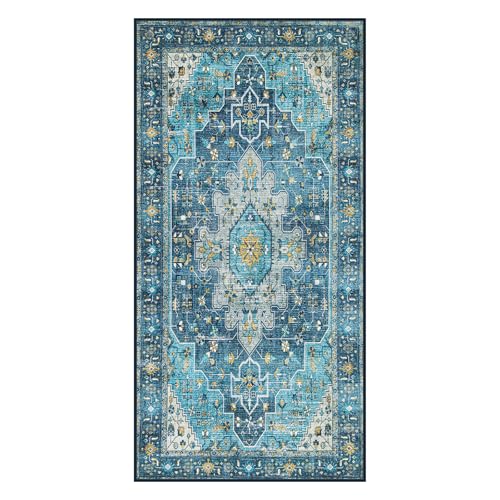 Moynesa 2x4 Teal Vintage Floral Medallion Runner Rug - Machine Washable, Non-Slip, Low Pile, Indoor Use Only