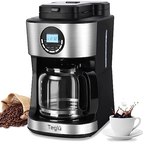 Teglu Coffee Maker with Grinder Built in 12 Cup, Programmable Grind and Brew Machine All One Warming Plate, Automatic Drip Pot 60-oz Carafe BPA Free, 950W, Black+Stainless Steel, (CM-506R) Cover