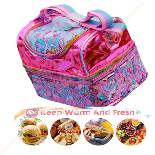 Image of Kids Double Decker Cooler Insulated Lunch Bag Large Tote for Boys, Girls, Men, Women, with Adjustable Strap (Rainbow Unicorn-)