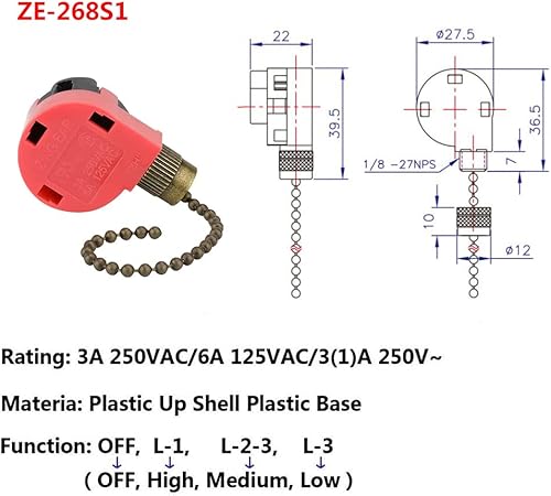 Miniatura 2 de ZE-268s1 - Interruptor de ventilador de techo de 3 vías de 4 cables, control de velocidad, interruptor de cadena compatible con luz Hunter para