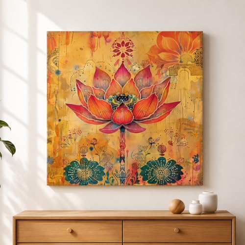 Image of PAINTINGMANTRA Floral Lotus Artwork Stretched Canvas Painting for Living Room | Botanical Lotus Pattern Wall Decor Art For Livingroom, Bedroom, Office, Hallways - 34x34 Inch