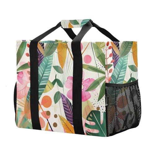 Tropical Leaves and Flowers Tote Utility Bag Foldable Tote Bag For Beach With Pockets Resusable Shopping Bags with Handles Travel Laundry Bags2