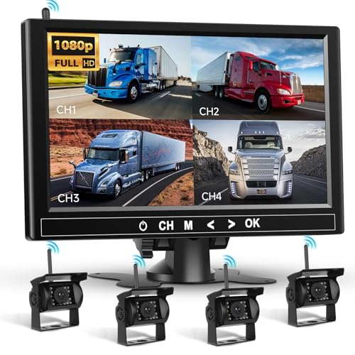 Kit de 4 cámaras traseras inalámbricas HD 1080P, Monitor LCD Podofo de 9 Pulgadas con 4 cámaras de Respaldo para Remolque, Autocaravana, camión, autobús, detección de Punto Ciego y líneas guía