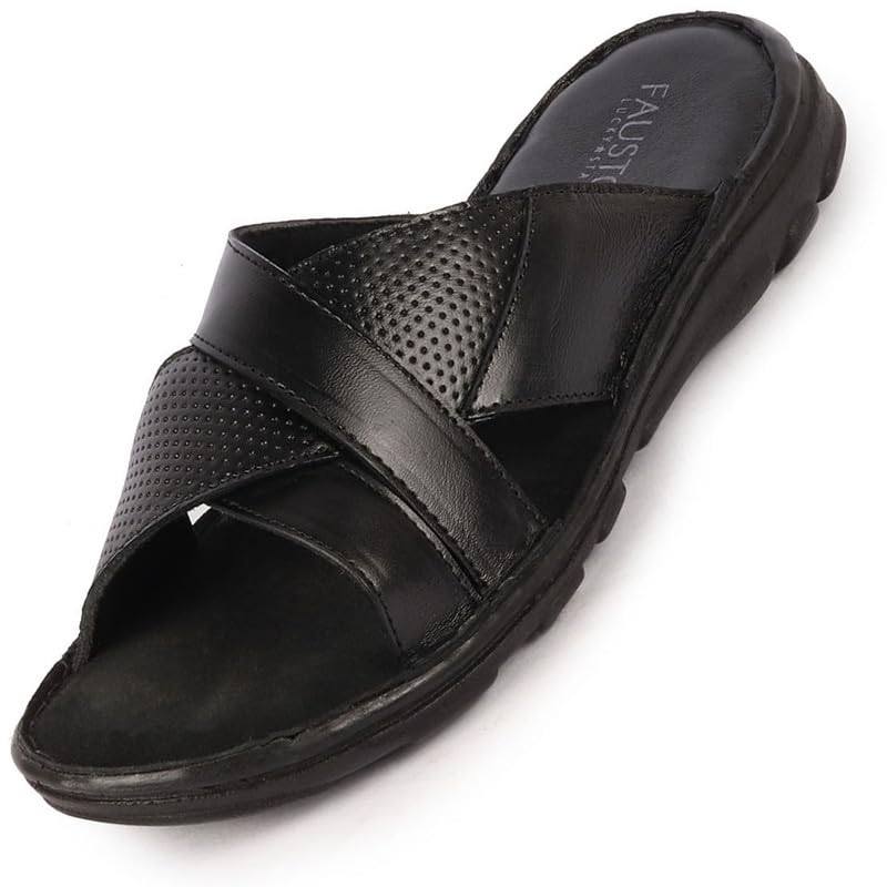 FAUSTO FST KI-505 BLACK-42 Mens Black Genuine Leather Criss Cross Strap Open Toe Suede Leather Insole Slippers (8 UK) (B0CKRLZMJL) Amazon Price History, Amazon Price Tracker
