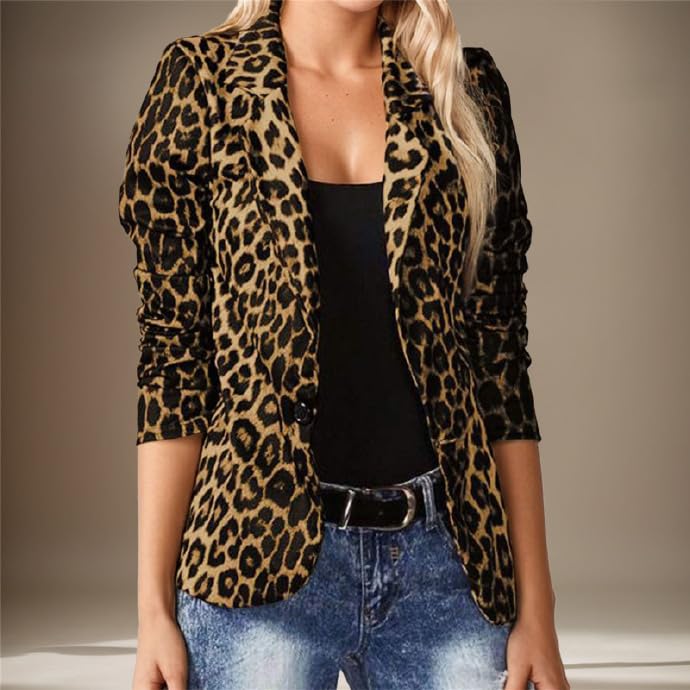 Leopard Fitted Blazers for Women Dressy Notched Lapel Suit Jacket Business Casual Outfits, Single-Button Outwear with Pockets2