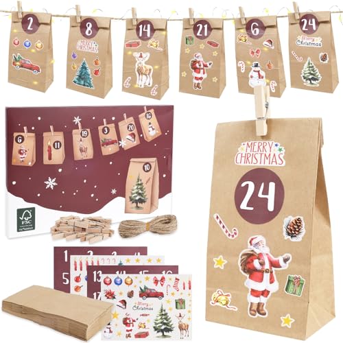 RUBY Adventskalender zum Befüllen, 24 DIY Adventskalender zum Befüllen Kinder mit Aufkleber Weihnachten, Jute-Schnur und Holzklammern, zum Weihnachten Geschenke Machen