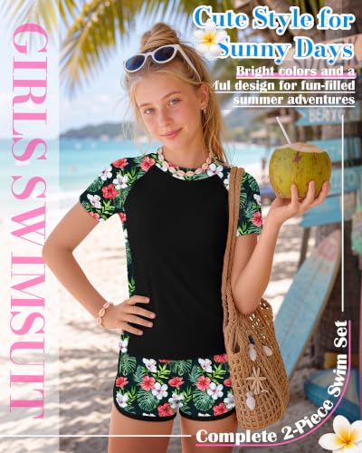 Image of Xaatren Girls 2 Piece Rash Guard Swimsuit | Quick Dry Bathing Suits, Short Sleeve Floral Beach Swimwear, Summer Tee and Boyshort Sets, Protection, Hawaiian, 7-16 Year